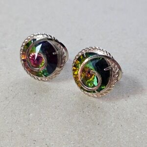 Iridescent Green Watermelon Rivoli Glass Spiral Silver Tone Cufflinks